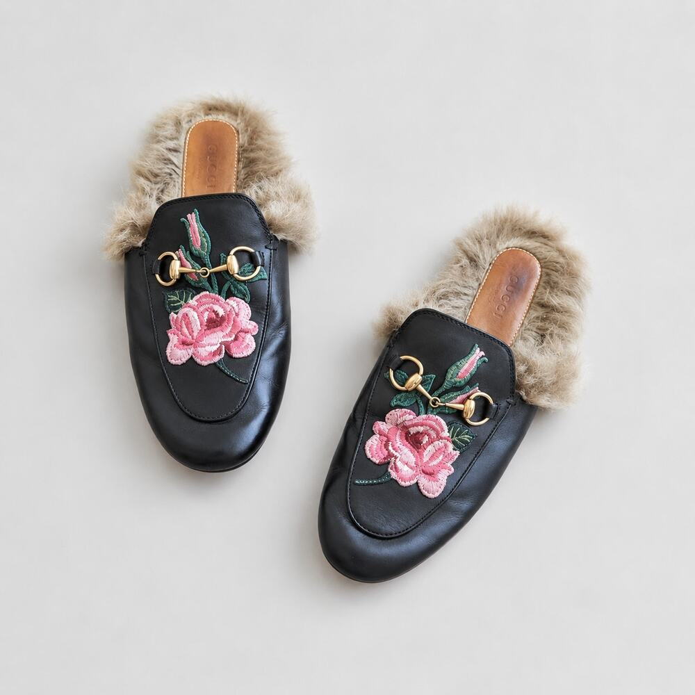 Gucci Black Leather Fur Loafers Embroidered Princetown Flat Slipper Mules